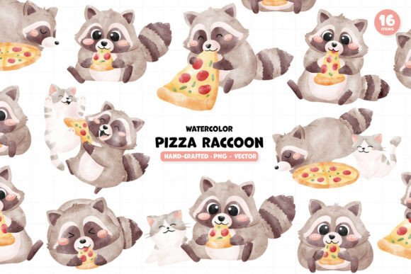Download Watercolor Cute Raccoon and Pizza - Watercolor Collection