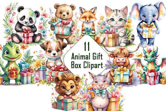 Download Watercolor Animal with Gift Box Clipart. - Watercolor Collection