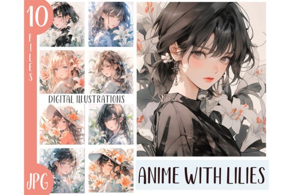 Download Watercolor Lilies Girl Anime Clipart JPG - Watercolor Collection