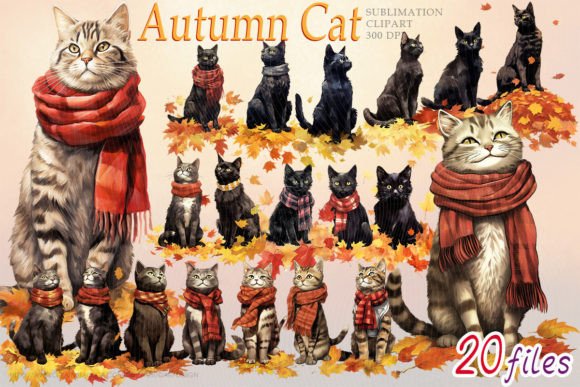 Download Autumn Cat Watercolor Bundle T-shirt PNG - Watercolor Collection