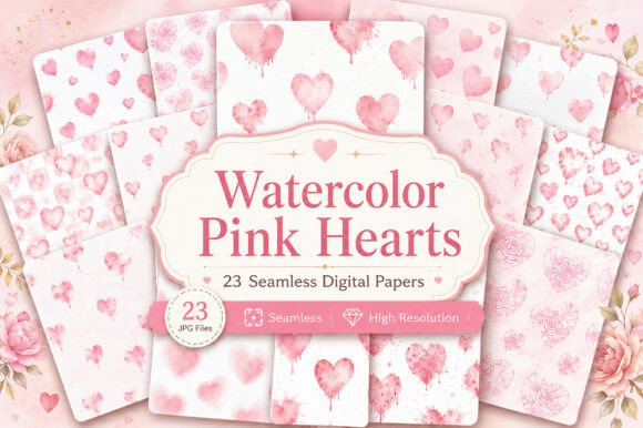 Download Watercolor Pink Hearts Digital Paper - Watercolor Collection
