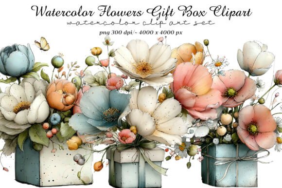 Download Watercolor Flowers Gift Box Clipart - Watercolor Collection